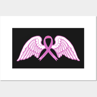 Pink Awareness Ribbon with Angel Wings Posters and Art